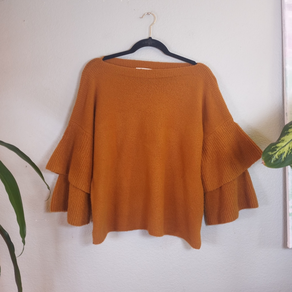 Madewell Bohemian Boatneck Flutter Tiered Dolman Sleeve Fuzzy Soft Knit Sweater - Picture 2 of 7